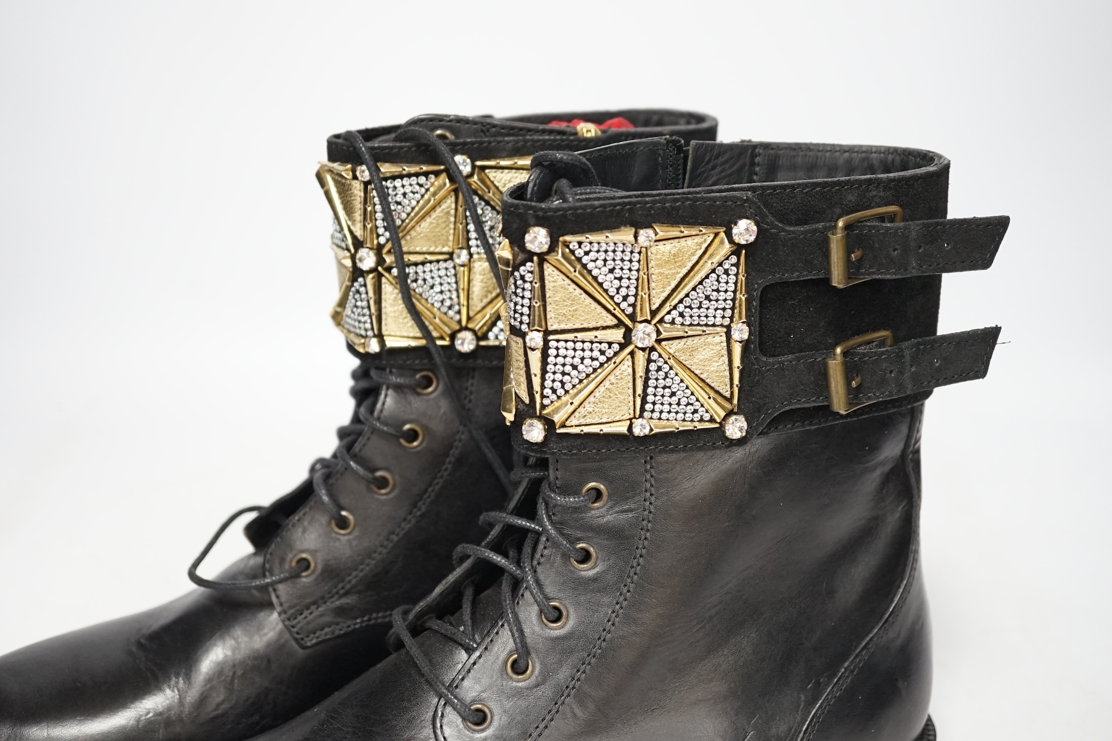 A pair of René Caovilla embellished unworn black leather biker boots size 40. Condition- good size EU 40